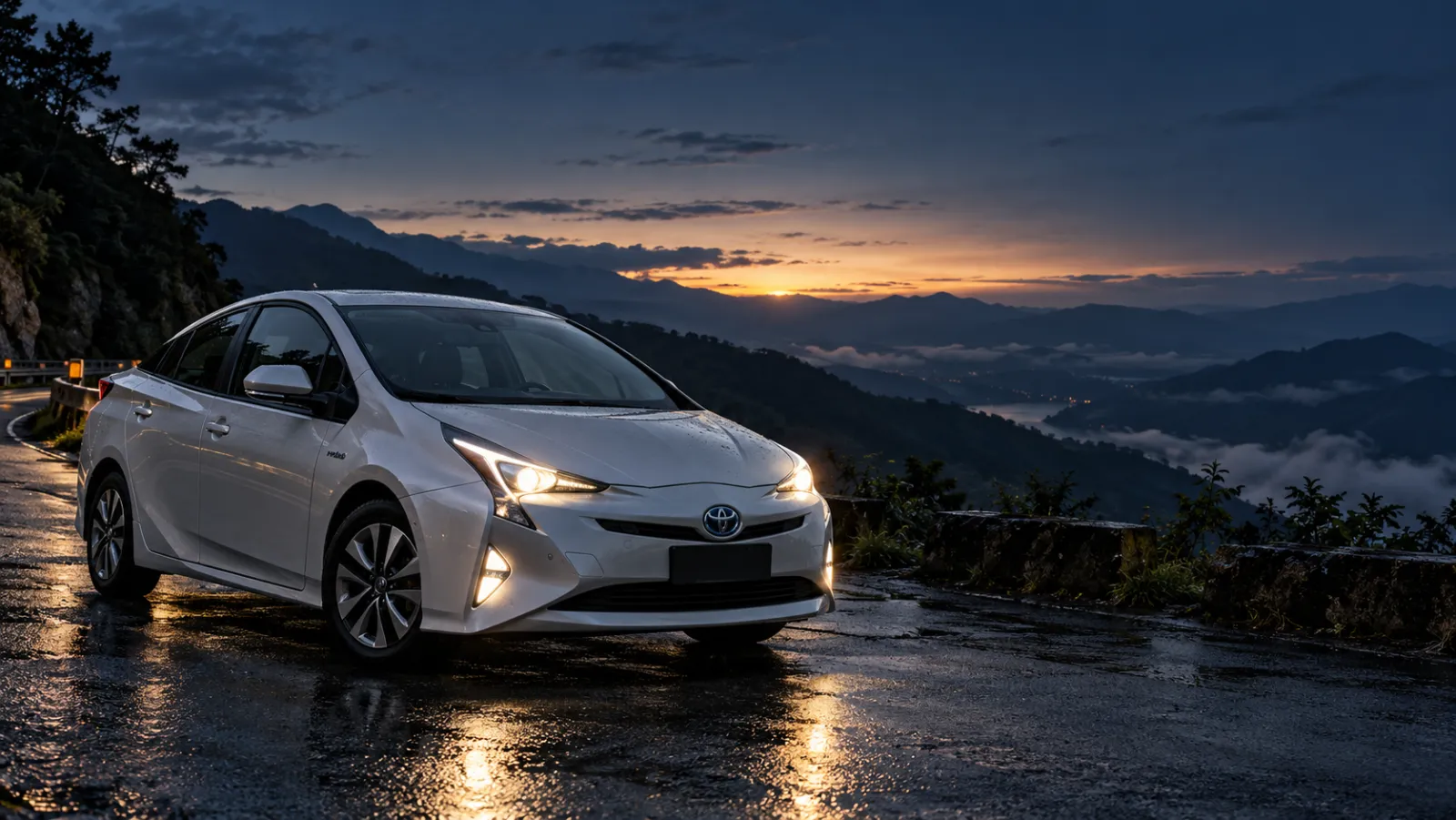 夜色山路旁一輛白色第四代 Prius 開著頭燈，遠方是雲海與日落。